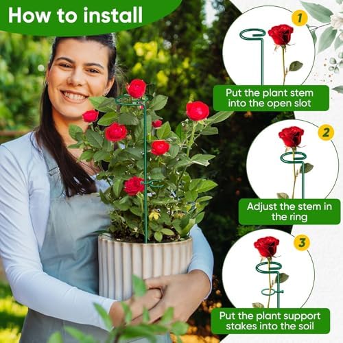 HiGift 17 inch Plant Support Stakes, 4mm Thick Garden Single Stem Flower Support Stake Amaryllis Plant Cage Support Rings with 10 pcs Plant Clips for Tomato Orchid Lily Peony Rose Flower Stem-5 Pack