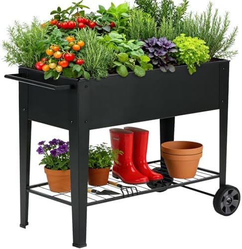 31.5" Tall Elevated Mobile Raised Garden Bed with Wheels and Shelf