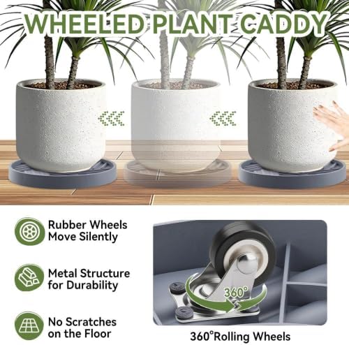 1 Pcs Plant Caddy with Hidden Wheels 14.76 Inch Heavy Duty Rolling Plant Stand, Indoor Outdoor Plant Saucer Tray with $9.9 Garden Tools (Gray)
