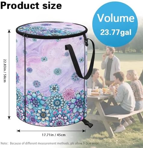 Outdoor Camping Collapsible Trash Can - Purple Boho Flowers Blossom 24 Gallon Large Capacity Garden Leaf Bin Reusable Foldable Yard Waster Bag with Lid and Handles