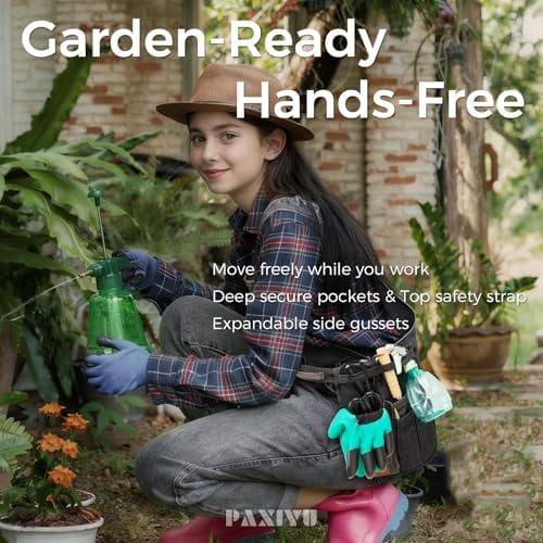 Garden Tool Belt for Women & Men, Slim Denim Garden Apron with 4 Pockets, Lightweight Adjustable Tool Pouch for Gardening, Florist, DIY & Craft, Black