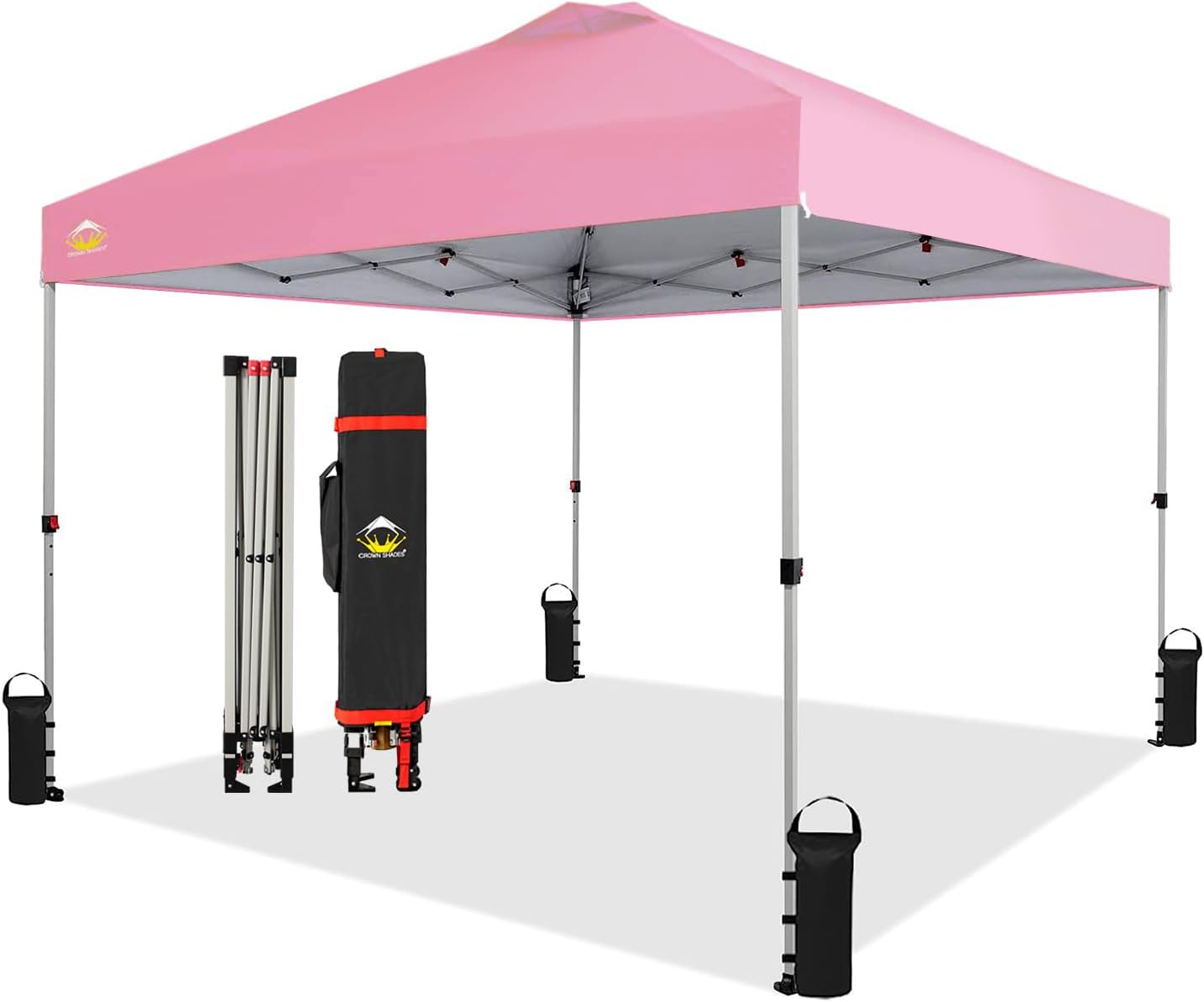 CROWN SHADES 10x10 Pop Up Canopy - Beach Tent with One Push Setup - Easy Outdoor Sun Shade for Events, Parties, Camping - Gazebo with STO-N-Go Cover Bag, Silver Coated Top, Pink