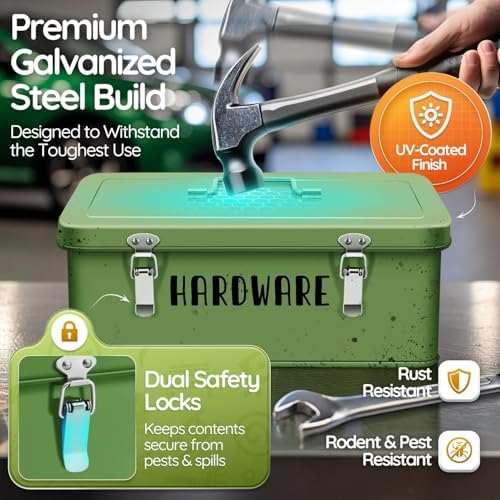 Flexzion Metal Storage Box w/ Lid & Labels, Craft Multipurpose Box, Green