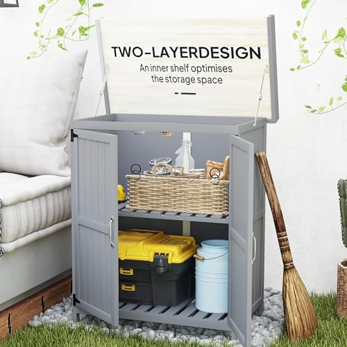 Wooden Potting Bench with Storage Cabinet, Outdoor Garden Tool Shed with Metal Tabletop & Shelf, 29.1" W X 16.9" D X 34.6" H