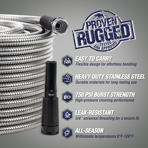 RUGGED RHINO Metal Garden Hose with Spray Nozzle, 50FT, 304 Stainless Steel, 750 PSI Burst Strength, Heavy Duty Flexible Water Hose, Kink Resistant, Leakproof for Yard, Lawn and Outdoor Use, Silver
