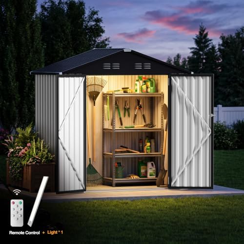 Zamildon's 6x4 FT Outdoor Metal Storage Shed, Weatherproof Galvanized Steel Gable Roof Garden Tool Shed with Lockable Double Doors & LED Light for Backyard Patio Lawn, Gray