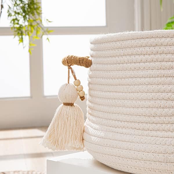 KAKAMAY Woven Baskets for Storage(16"x8"),Blanket Basket for Organizing Living Room,Cotton Rope Basket Woven Baby Laundry Hamper,Collapsible Laundry Room Organization,Clothes,Toy Chest(White)