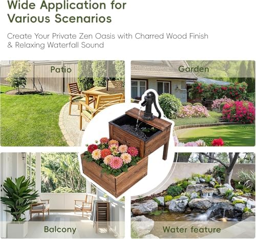 Outdoor Water Fountain with Planter, 2-Tier Cascading Wooden Garden Fountain, Rustic Wood Barrel Water Feature with Electric Plug-in Pump for Patio, Backyard, Porch, Garden, Yard Decor