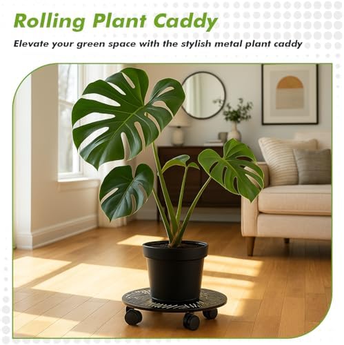 Planterhoma 1 Pack 12 Inch Large Metal Plant Caddy with Wheels Heavy-duty Rolling Plant Stand with Casters Flower Pot Mover Roller Base Flower Pot Dolly Coaster Trolley, Tropical Leaf