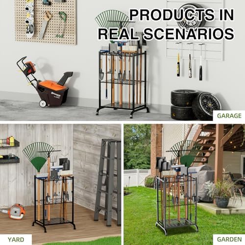 RANXFLOAT Garden Tool Organizer with Storage Hooks, Yard Tool Tower Rack for Garage Organization and Storage, Up to 35 Long-Handled Tools, Metal Tool Holder with 6 Hooks, Black