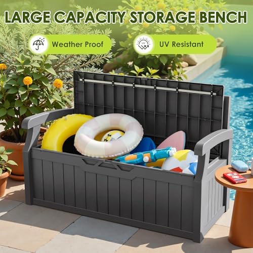 Greesum 80 Gallon Outdoor Storage Bench with Armrest, Dark Grey