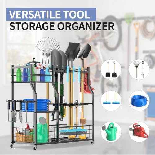 Garden Tool Organizer with Wheels, Rolling Storage Rack for Garage