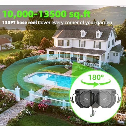 Retractable Garden Hose Reel 1/2 in x130 ft， Wall Mounted Hose Reel