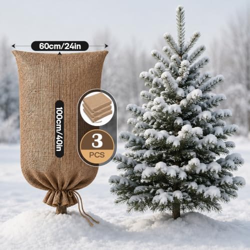 3 Pack 24” × 40” Burlap Winter Plant Cover Bags with Drawstring
