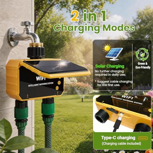 Sprinkler Timer, Solar WiFi Water Timer for Garden Hose, 2 Zone Water Sprinkler with Rain Sensor and Manual Mode via APP/Voice Control, Automatic Irrigation Control System for Lawns, Yard and Pool