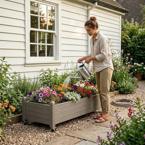 Raised Garden Bed with Wheels, Resin Planter Box with Drain Hole and Water Level Detector, Herb Planter for Garden Patio Backyard, Gray(13.3" H)