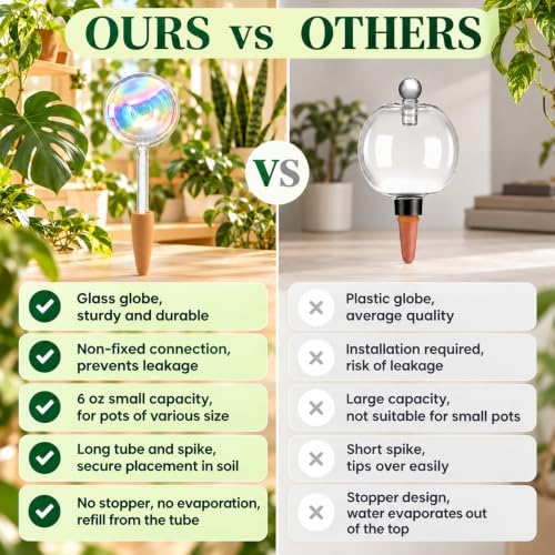 Non-Clogging Iridescent Ball Plant Watering Globes with Terracotta Spikes, Hand Blown Glass Self Watering Planter Insert, Watering Bulbs for Multi-Plant Households (3 Pack)