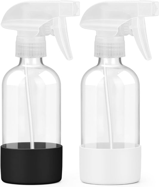 2 Pack Glass Spray Bottles 8 oz, Empty Refillable Containers with Silicone Sleeve Protection, Glass Spray Bottles for Cleaning Solutions, Hair and Plants with Adjustable Nozzles Black&White