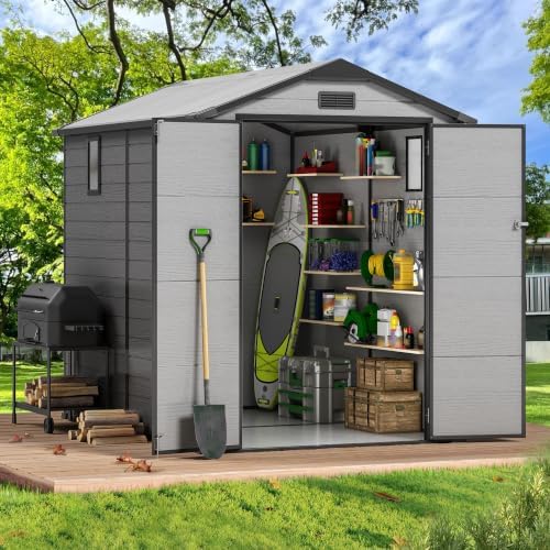 6x8 FT Resin Tool Shed with Floor & Skylight, Weather & UV Resistant Sheds