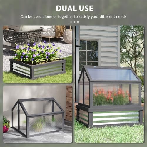 Outsunny Wooden Raised Garden Bed with Polycarbonate Greenhouse, Gray