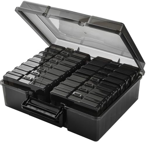 Photo Storage Box with 16 Inner 4" x 6" Photo Case, Portable Storage Organizer with Handle Craft Keeper for Picture, Stickers, Stamps, Screws, Hair Clips, Black