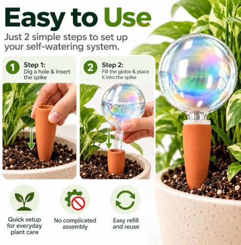 13 oz Non-Clogging Iridescent Ball Plant Watering Globes with Terracotta Spikes, Hand Blown Glass Self Watering Planter Insert, Watering Bulbs for Big & Medium Plants (3 Pack)