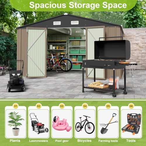 JUMMICO 10x8 FT Outdoor Storage Shed with Lockable Hinged Door, Brown