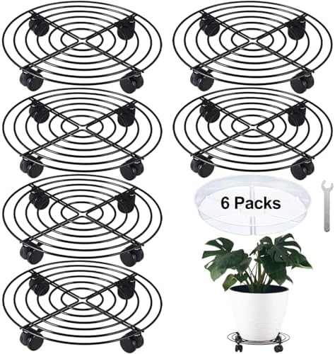 6 Packs 12 Inches Large Metal Plant Caddy with Wheels Rolling Plant Stands Heavy-duty Wrought Iron Plant Roller Base Pot Movers Plant Saucer on Wheels Indoor Outdoor Plant Dolly with Casters Planter Tray Coaster