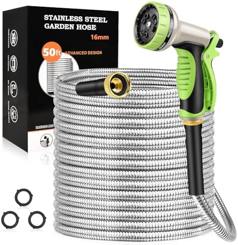 GOXAWEE 50FT Garden Hose, Stainless Steel Water Hose, 10 Function Nozzle