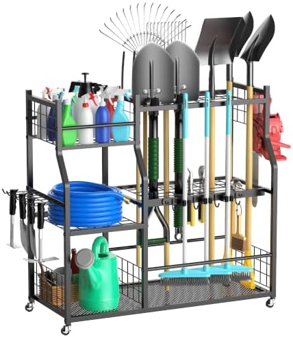Garden Tool Organizer with Wheels, Rolling Storage Rack for Garage