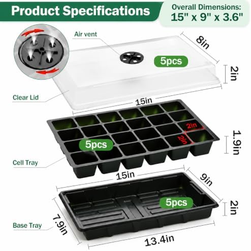 RooTrimmer 5-Pack Seed Starter Trays with Dome & Large 24-Cell 2" Plug Tray
