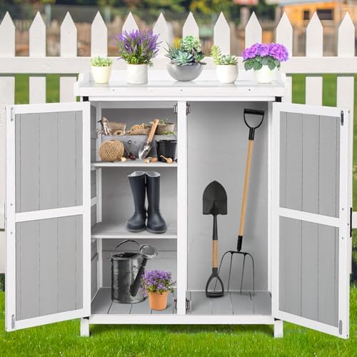 Outdoor Potting Bench with Metal Work Top,Waterproof Garden Storage Cabinet, Wooden Garden Work Bench with Adjustablev Shelves & Double Doors for Backyard, Patio, Lawn Gardening,White Grey