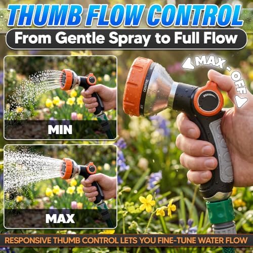 Metal Hose Sprayer Nozzle, 8 Spray Patterns, Flow Control, Black & Orange