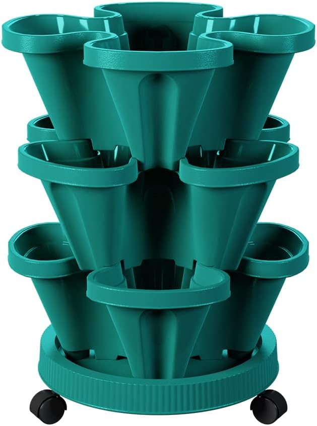 Strawberry Stacking Planters, Vertical Garden Tower, 3 Tiered Stackable Herb Vegetable Planters with Movable Casters and Bottom Saucer Indoor and Outdoor - Hunter Green
