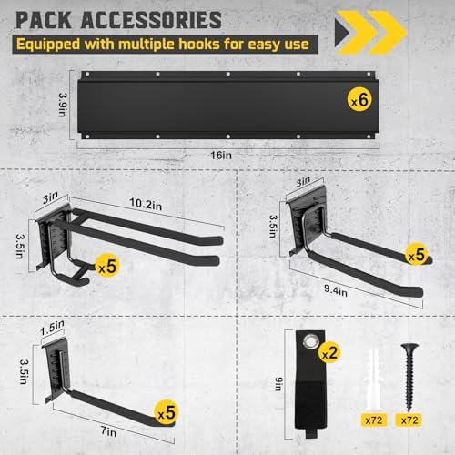 96" Garage Tool Organizer Wall Mount, 1250lbs Heavy Duty Garden Tool Storage Rack with 15 Adjustable Hooks for Yard, Shed, Garage (6 Racks, 15 Hooks, 2 Straps, Steel)