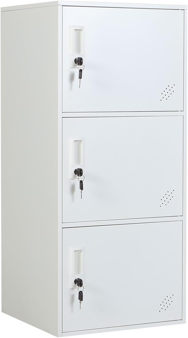 3 Door Metal Vertical Storage Locker for School, Office, Home,Gym,Stackable Steel Storage Cabinet with Lock,Anti-Falling Device. (3 Door, White)