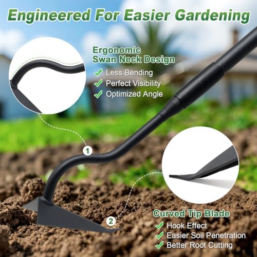 Garden Hoe, Gardening Tool for Weeding, Digging, Cultivating with Pointed Head, Curved Neck, 59 in Back-Saving Long Handle, Heavy Duty Hand Hoe for Loosening Soil Around Plants, Yard, Farm, Landscape