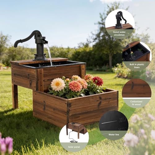 Outdoor Water Fountain with Planter, 2-Tier Cascading Wooden Garden Fountain, Rustic Wood Barrel Water Feature with Electric Plug-in Pump for Patio, Backyard, Porch, Garden, Yard Decor