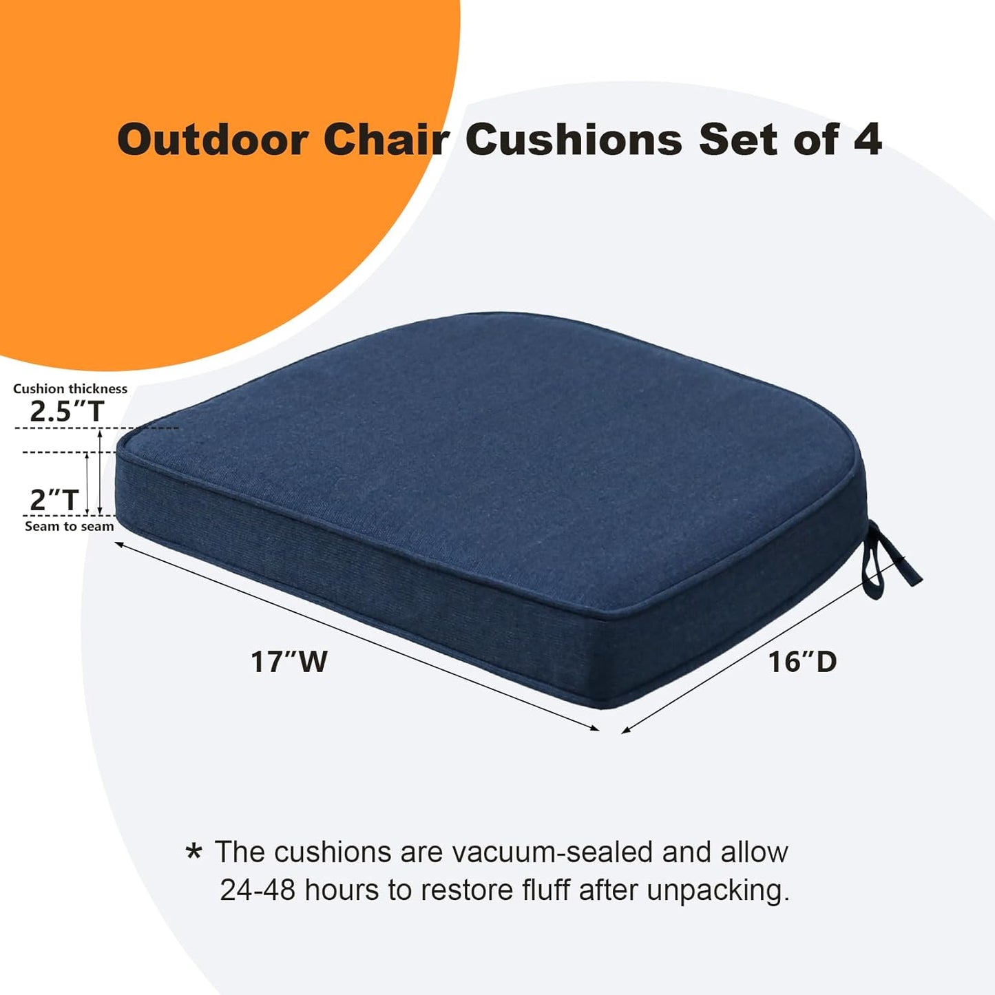 Sunbrella Round Corner Seat Cushions, 17" x 16" x 2", Set of 4, Indoor Outdoor Water Repellent Universal Chair Pads with Ties for Patio Furniture, Garden Dining Chairs, Specrtum Indigo