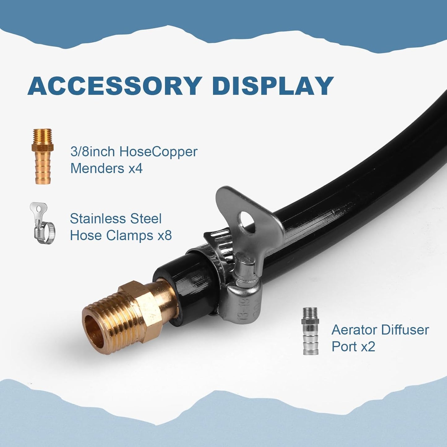 3/8 Inch Self Sinking Aeration Hose, 100 Feet Weighted Pond Aerator Hose Kit 8 Stainless Steel Hose Clamps and 4 Menders for Pond and Lake Aeration