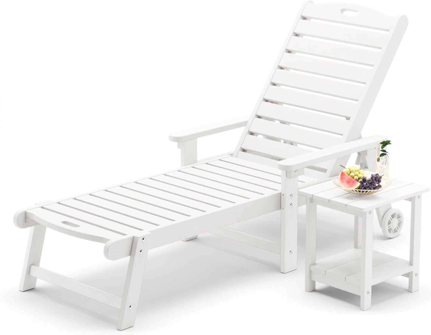 LUE BONA Chaise Lounge Chair with Table, 2-Piece, 79'' Oversized HDPS Chaise Lounger, 5 Positions Adjustable Lounge Chairs, Pool Lounge Chair with Wheels for Poolside, Backyard, 3 Year Warranty, White