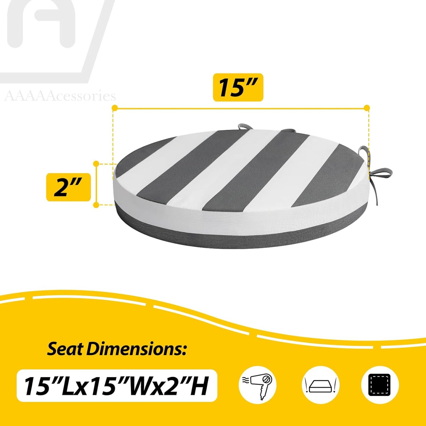 AAAAAcessories Outdoor Seat Cushions for Chairs, Waterproof, Fade-Resistant Patio Furniture Replacement Cushions, 15" x 15" x 2", Set of 2, Gray Cabana Stripe