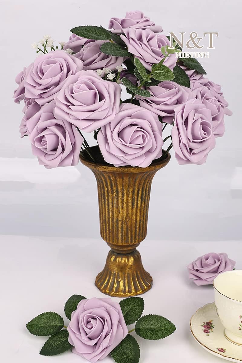 N&T NIETING Artificial Wedding Flowers 25 pcs Lilac Roses Fake Roses with Long Stems for Decortion Mother's Day Baby Shower Arrangements Bouquets