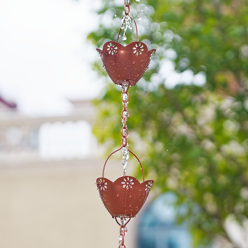 8.2 ft Rain Chain, Lotus Rain Chains for Gutters with 10 Cups, Adjustable Copper Rain Catcher Chains with Bell for Gutters, Eaves, Drainage, Replacement Downspout
