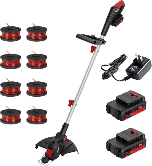 MZK 20V 12'' Cordless String Trimmer, Grass Trimmer&Edger with 8 Replacement Spools, Battery Powered Weed Trimmer with Auto Line Feed for Garden, Lawn(2 * 2AH Battery and Charger Included),ST12D07