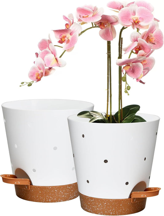 Orchid Pots with Holes, 6 Inch Self Watering Orchid Pot 2 Pack Plastic Plant Pots for Orchid, Flower (White+Brown)