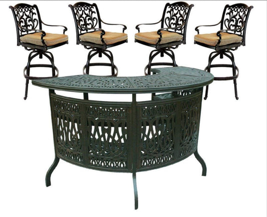 PatioLand Mandalay Patio Cast Aluminum 5pc Party Bar with Half Moon Bar Table - Antique Bronze