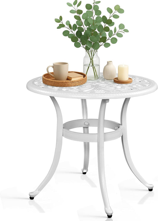 Outvita Patio Side Table, 23.6in Outdoor Round Cast Aluminum Bistro Table with Umbrella Hole and Antique Design for Backyard Porch Pool Balcony Deck White