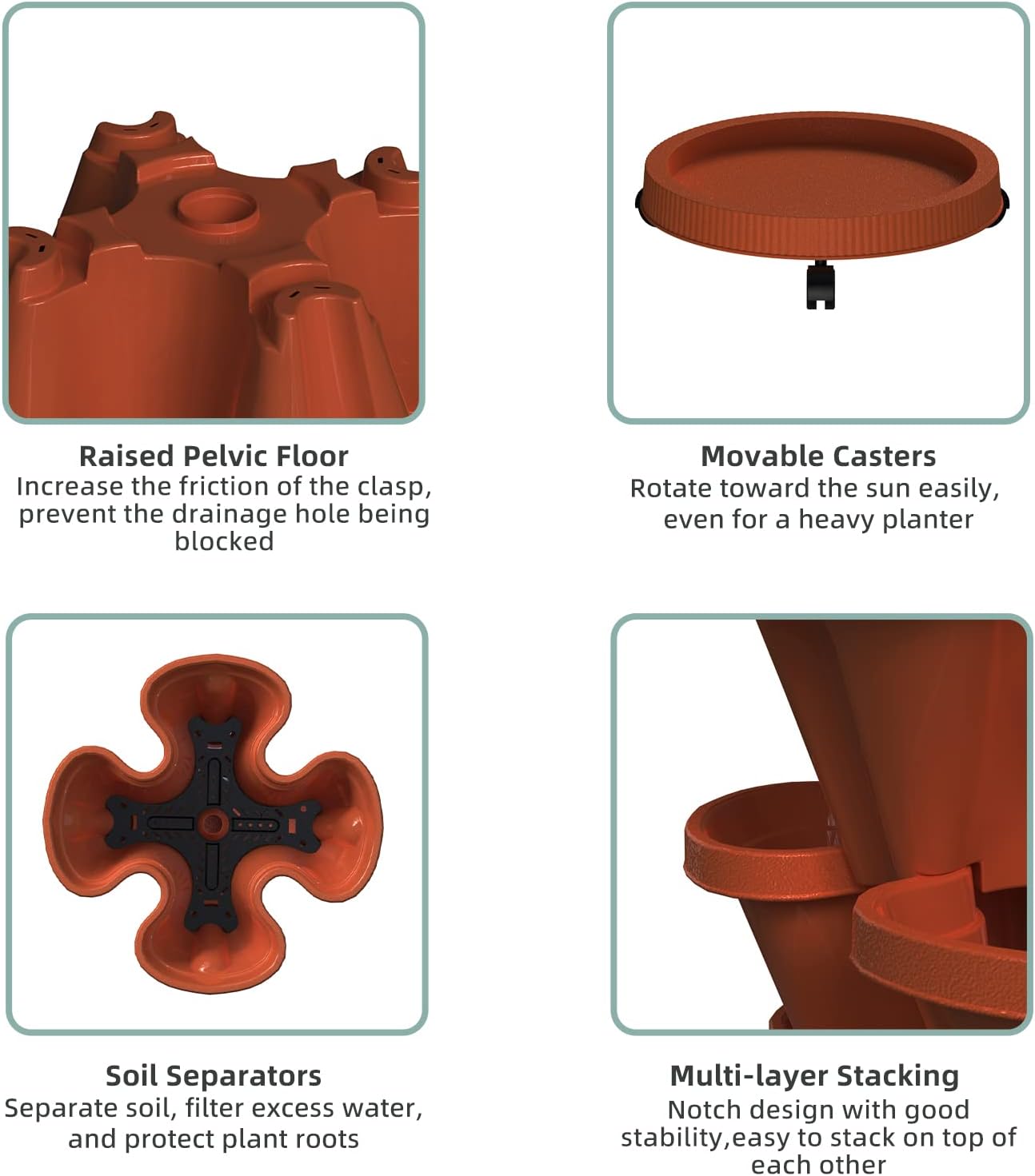 Strawberry Stackable Planter, Vertical Tower Garden, 5 Tiered Stacking Herb Vegetable Planters with Movable Casters and Bottom Saucer Indoor and Outdoor - Terra Cotta