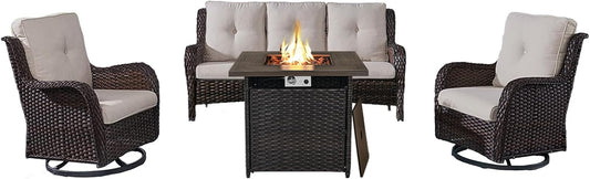 Outdoor Patio Furniture Set with 50000BTU Propane Fire Pit Table, 4 Pieces Wicker Patio Conversation Set with 2 Swivel Rocker Glider Chairs Rattan Sofa Beige Cushion Perfect for Gathering